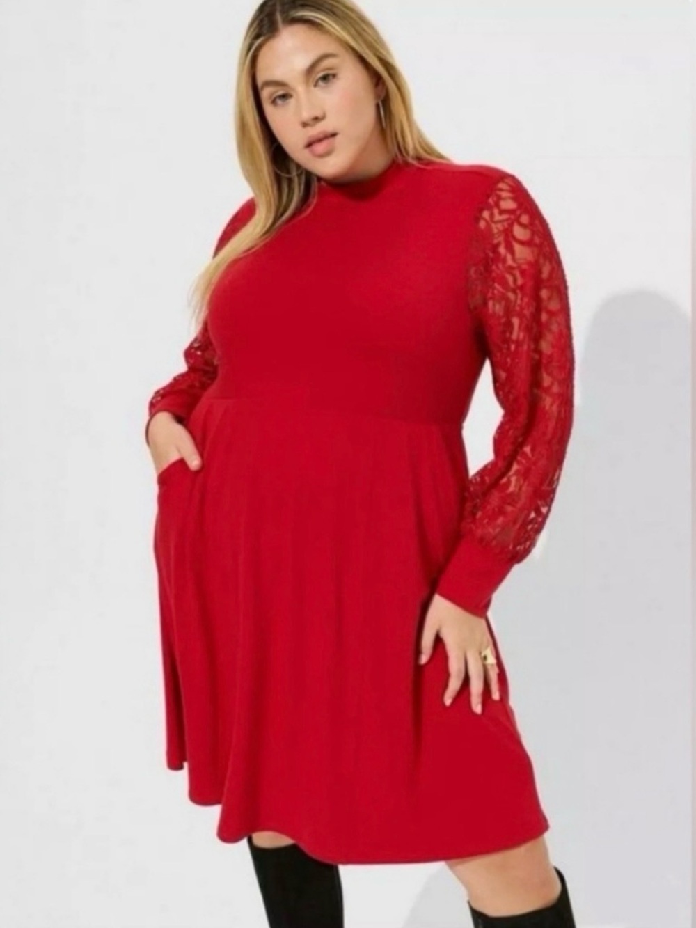 NWT Torrid Red Lace-Sleeve Mock Neck Skater Dress - Jester Red